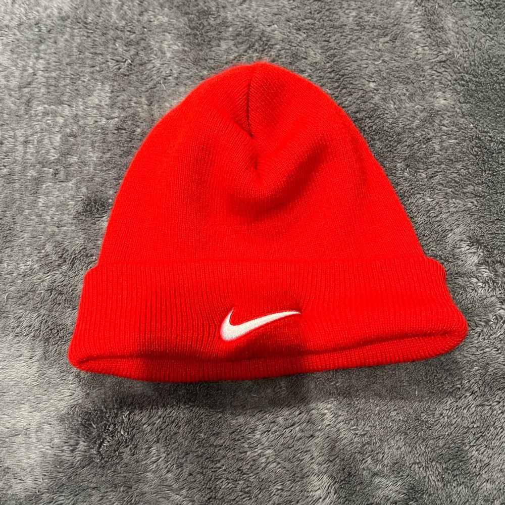 Nike Red Knit Beanie with White Swoosh